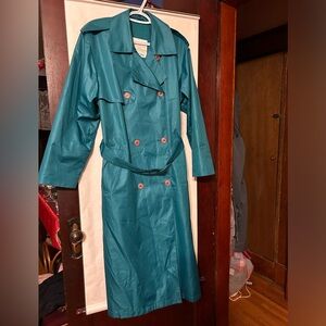Vintage 1980 Eaton London Fog blue green long trench coat, Sz 12-M